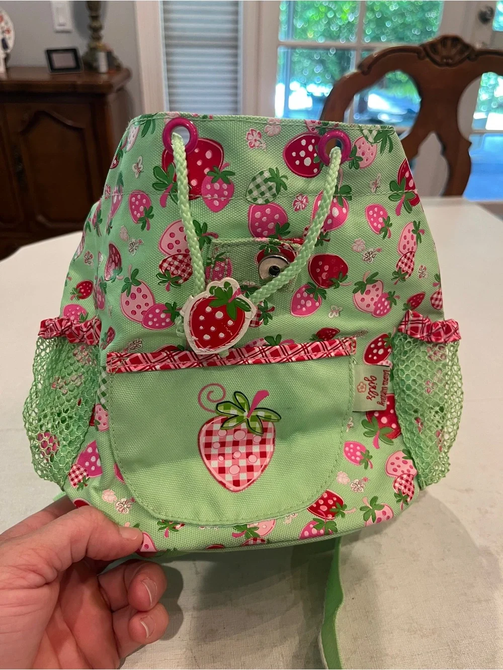 Sold Laura Ashley Girls Green Strawberry Print Kids size Backpack. cute